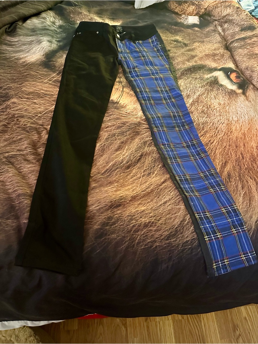 Tripp nyc Black and Blue Tartan Half‑and‑Half Straight Leg Jeans